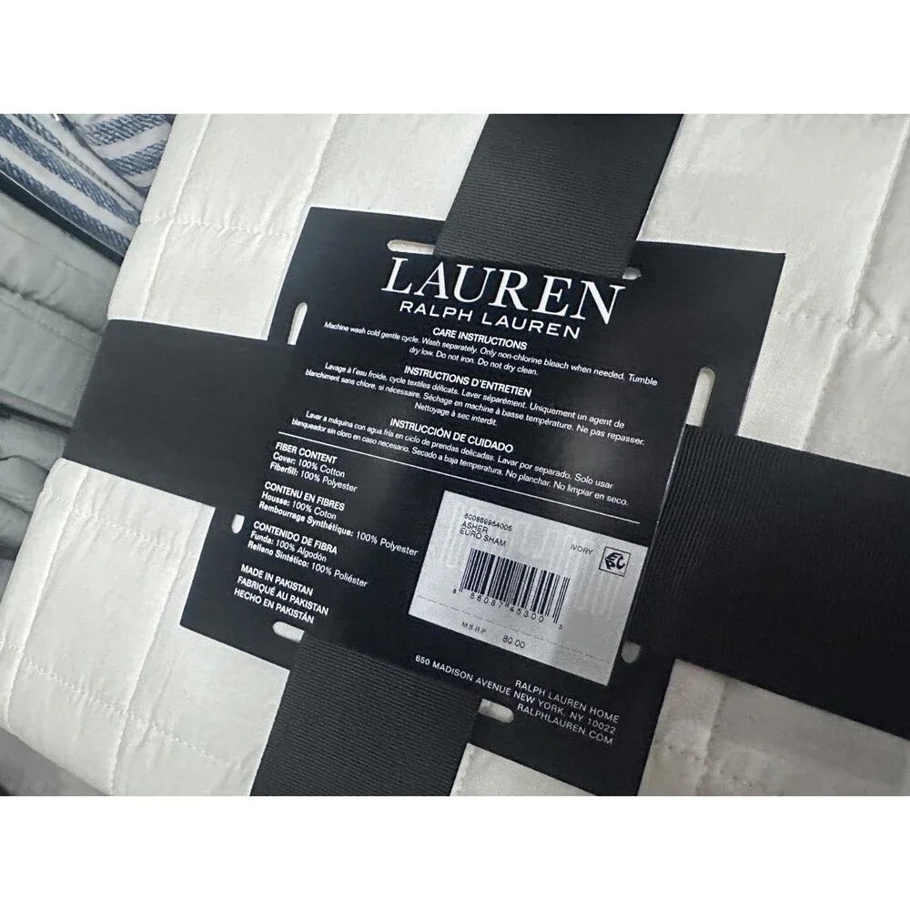 RALPH LAUREN Asher Luxury Quilted Euro Pillow Cover Sham Ivory 26x26 NEW